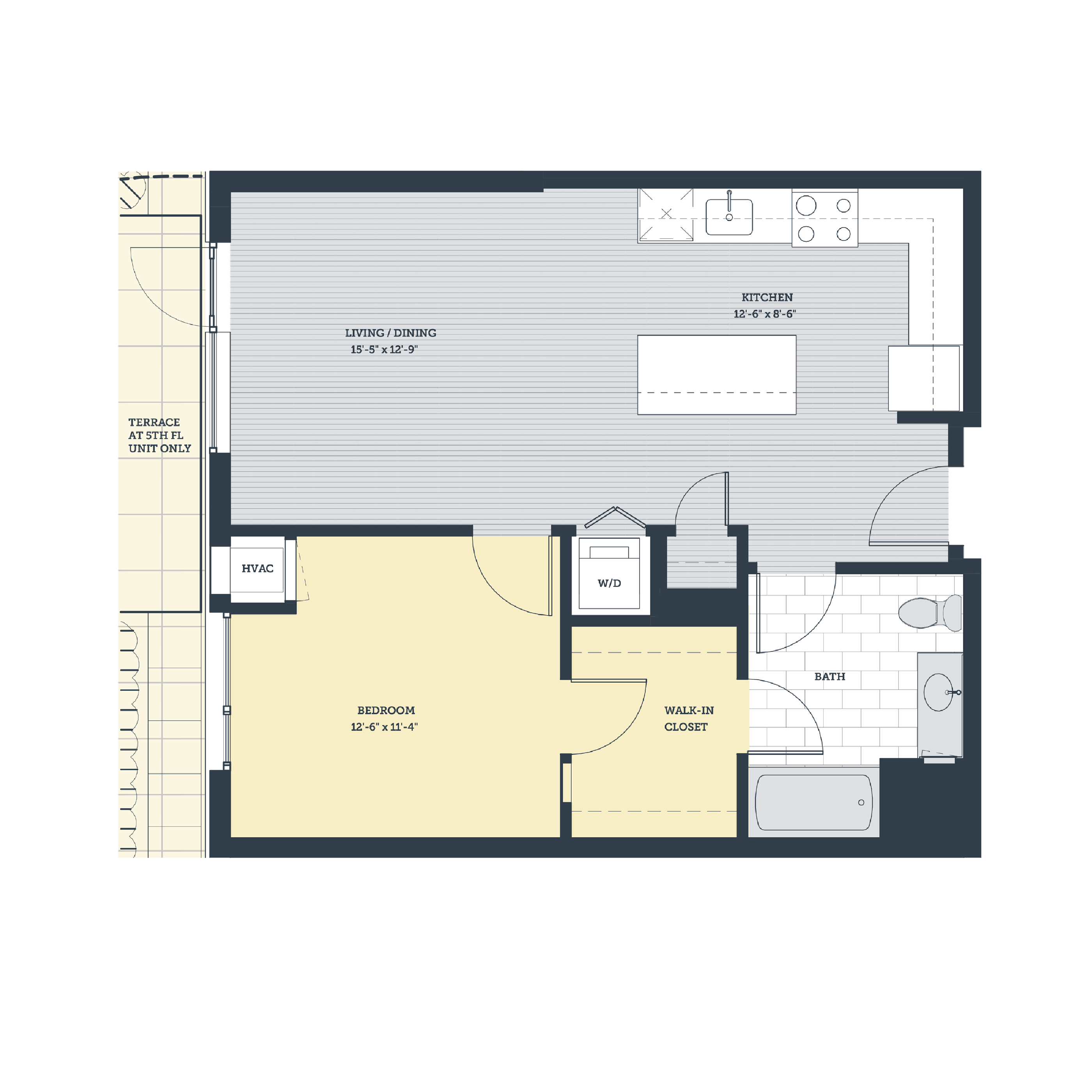 Floor plan for 1 bed, 1 bath, 730 sqft